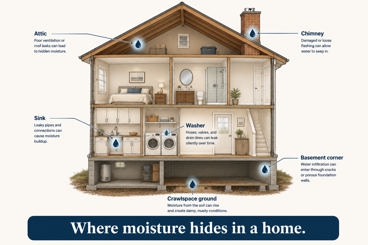 Hidden moisture sources illustration (house cutaway, 6 callouts) (ill1)