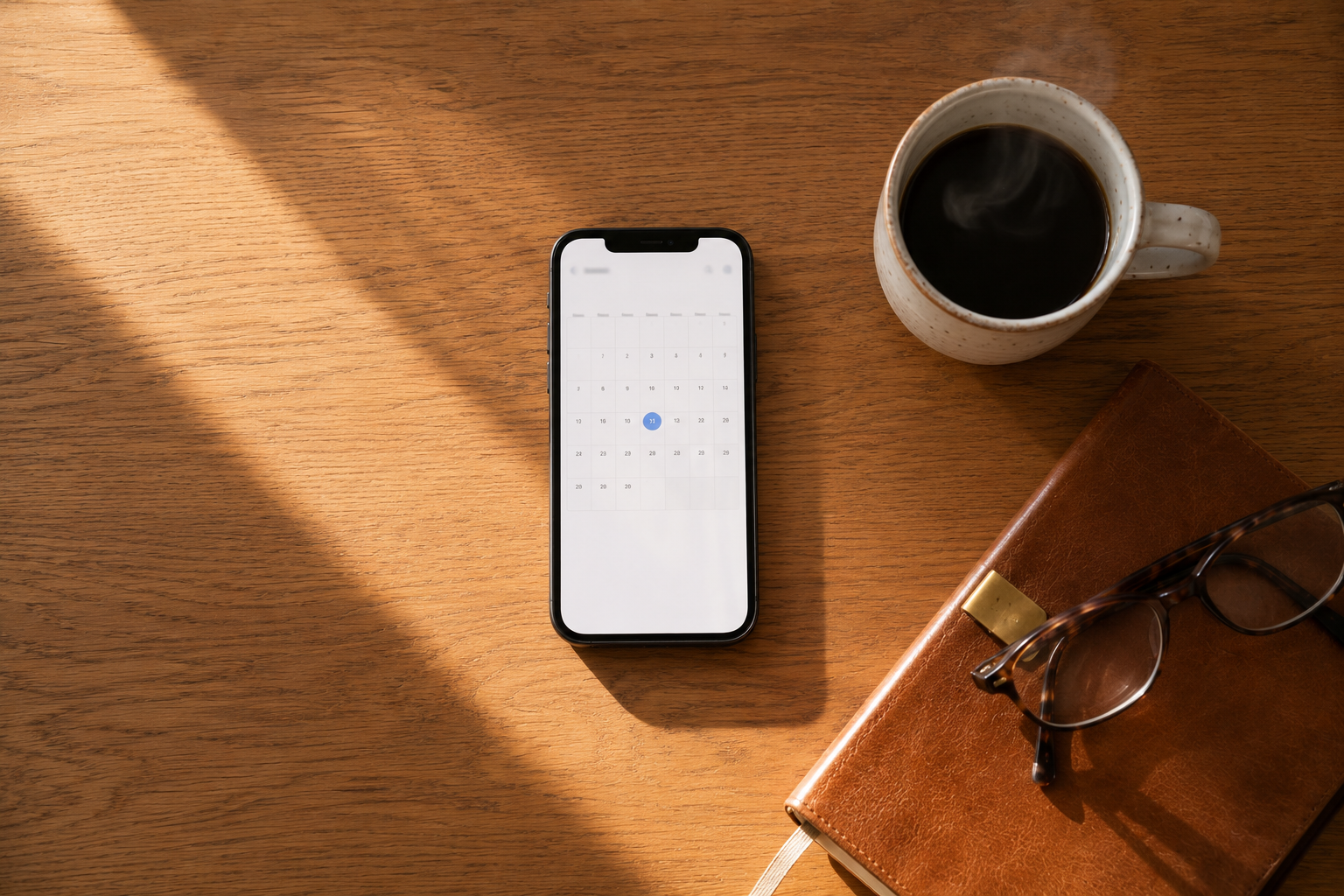Schedule page - calm booking moment, calendar + phone on a wooden surface (sch1)